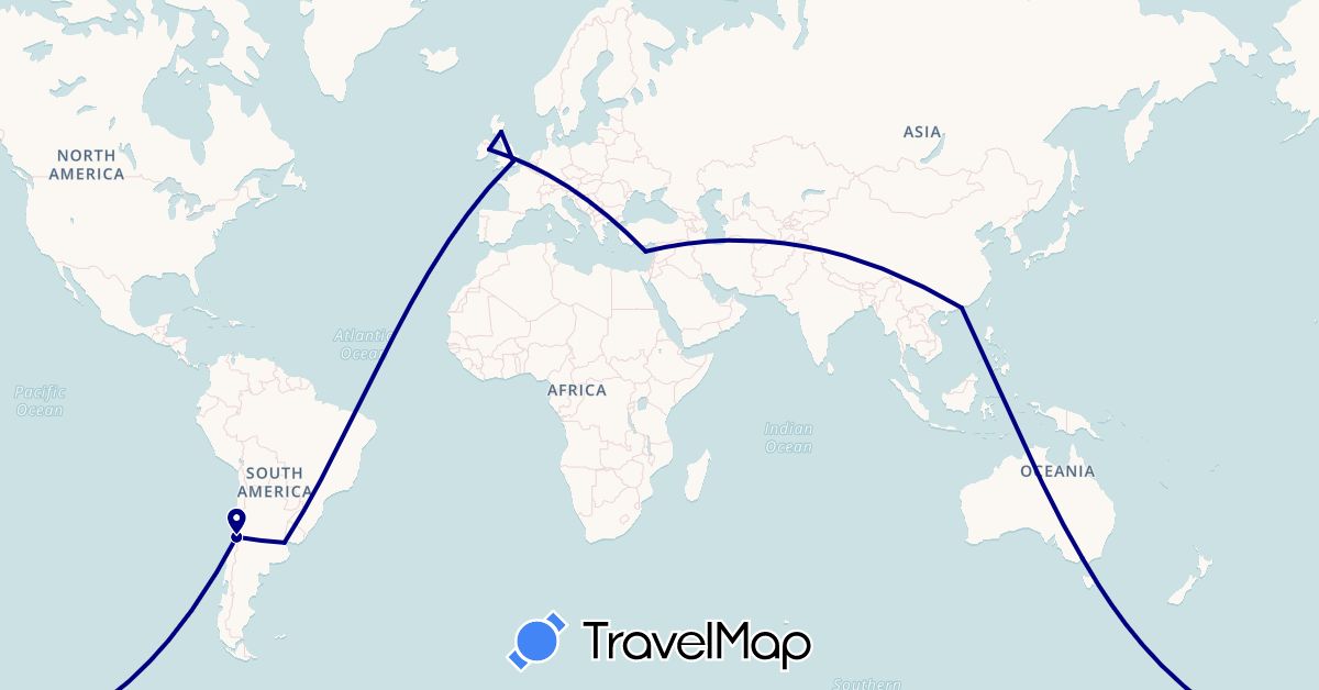 TravelMap itinerary: driving in Argentina, Australia, Chile, China, Cyprus, United Kingdom, Ireland (Asia, Europe, Oceania, South America)
